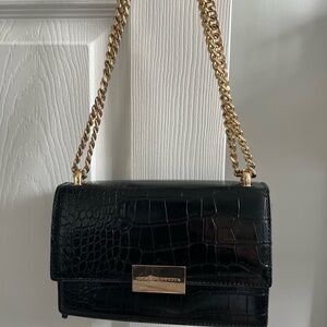 Black Croc-Embossed Shoulder Bag with Gold Chain